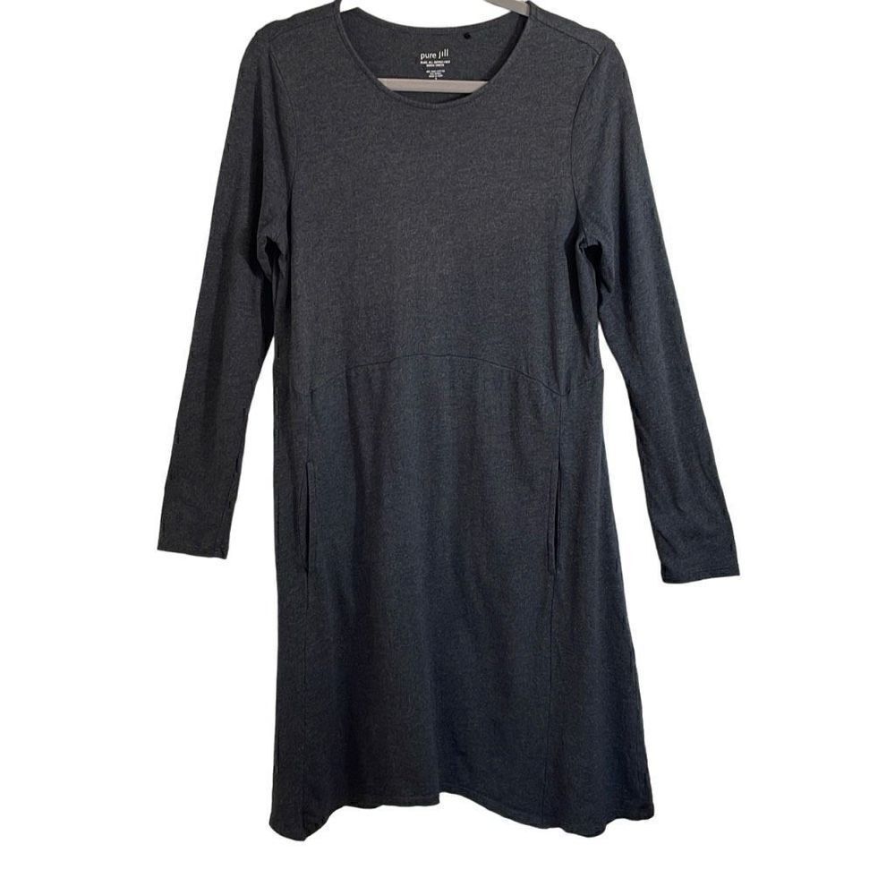 Pure Jill dipped-hem swing dress neutral gray pockets imperfect S
